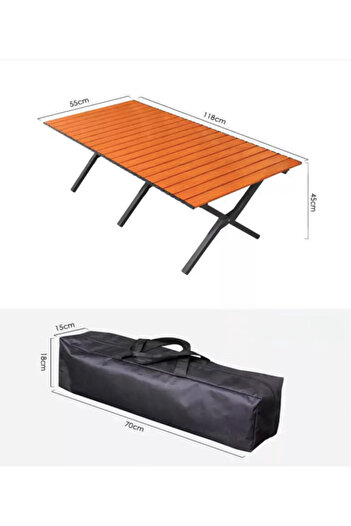 Un Stylish, lightweight, foldable wooden camping table with carry bag, ideal for outdoor seating.