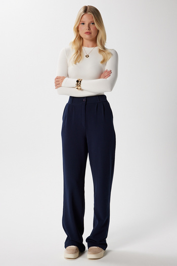 Ritnice Lycra Series Flexible Navy Blue Palazzo Trousers with Elastic Waist