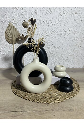 Zigzag Home Decorative 4 Piece Ring Vase and Candle Holder Set Black Beige Figurine Set Bohemian Style