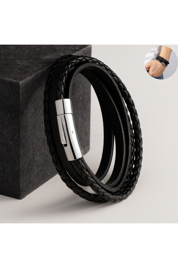 NISSIO Men's Black Multilayer Genuine Leather Bracelet with Clasp Closure with Safety Button