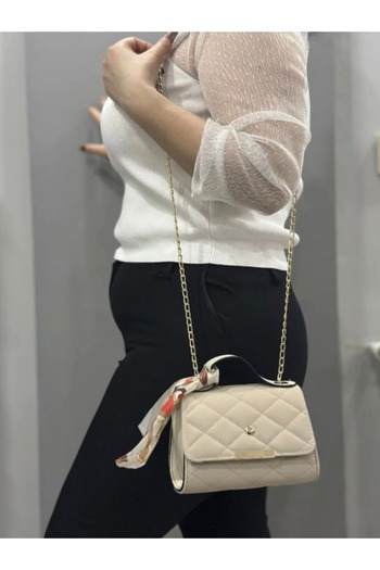 Tutkum Women's Hand and Shoulder Bag Beige Quilted Patterned Stylish Bag with Scarf Detail