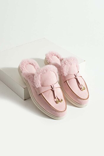 diclepolat Women's Powder Suede Furry Slip-On Loafer Slippers Pufi