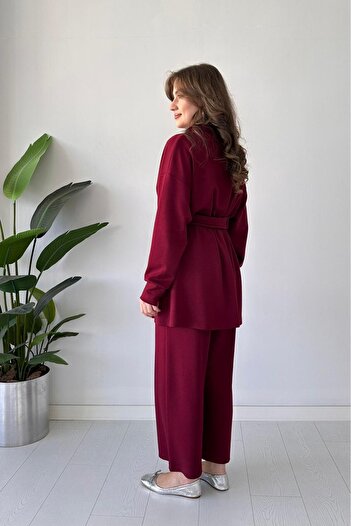 MaziButik Pile Detail Double Suit Burgundy