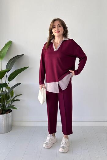 MaziButik Collar Garnished Comfortable Suit Burgundy