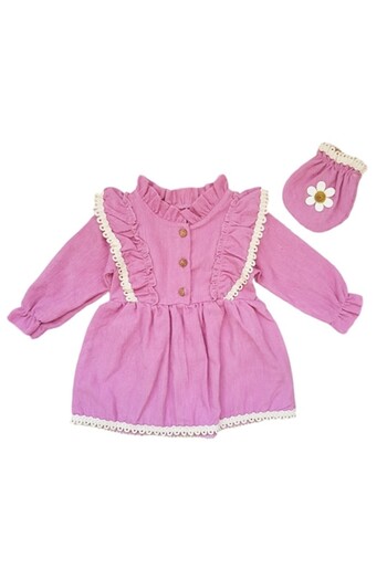 Miniworld Girls' dress with ribbed cotton bag, ruffles and embroidery, age 9-12 months, 80 cm, Lila