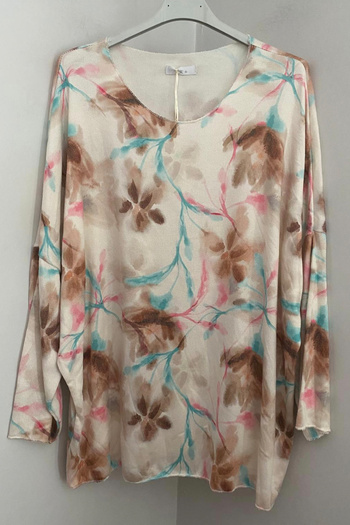 AYASOFYA OTANTIK Women's Italian Brown V-Neck Branchy Floral Pattern Oversize Loose Long Sleeve Angora Knitwear Sweater Blouse