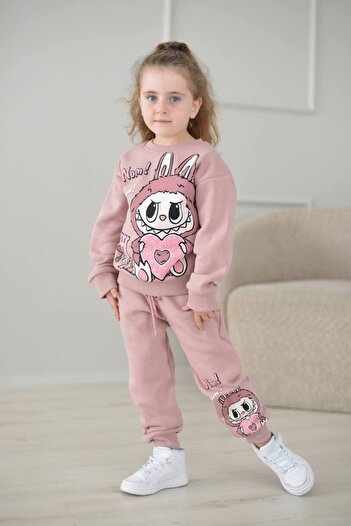 Yağmur Giyim Pjk3İ Labubu Patterned 3-Thread Ribbed 100% Cotton Girls' Tracksuit Set 3-10 Years Old 8242