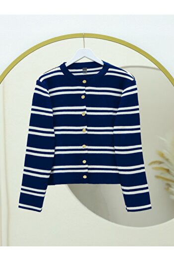 Modamorfo Shiny Buttoned Striped Knit Cardigan - Navy