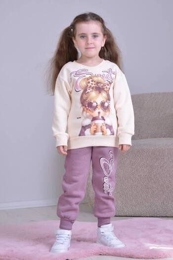 Yağmur Giyim Pjk3İ Girl with Glasses Patterned 3-Thread Ribbed 100% Cotton Girls' Tracksuit Set 3-10 Years Old 8254