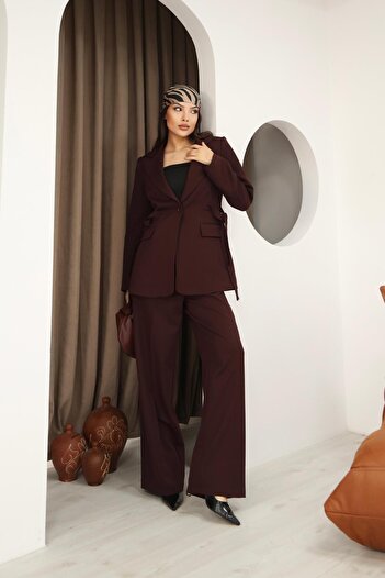Hazel Women's Burgundy Side Belted Blazer Jacket Pants Set