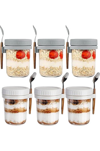 Generic 6-Pack Overnight Oats Jars with Lids & Spoons (3 White, 3 Grey, 350ml) – Reusable Glass Containers