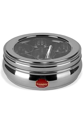 Generic Sumeet Stainless Belly Shape Masala Spice Container Box/Dabba/Organiser With See Through Lid With 7