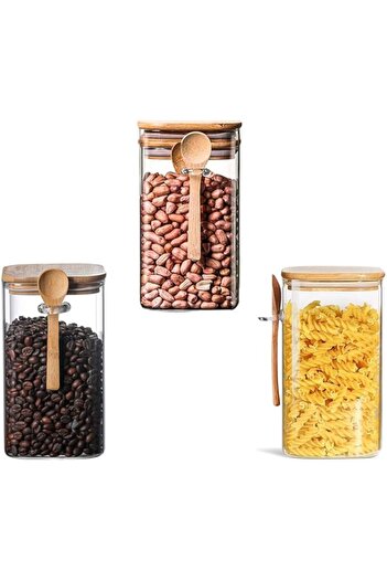 Generic Jorunb Glass Storage Jar Food Storage Containers with Wood Lids and Spoon, Airtight Sealed Clear Bor