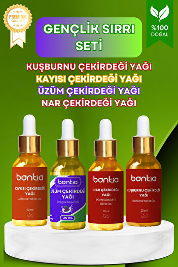 Bontia Gençlik Sırrı Seti – Nar, Kayısı, Kuşburnu & Üzüm Çekirdeği Yağı - Doğal Cilt Bakımı
