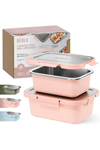 genric BEOLA Microwave Safe Stainless Steel Lunch Box 2pcs Set, MC-Steel™ 18/8 Meal Prep Food Storage Con