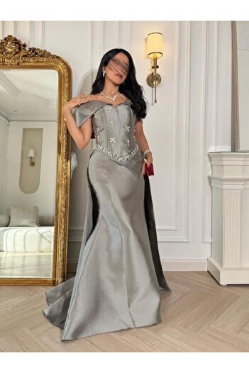 Generic Elegant and luxurious dress in shiny metallic silver color.