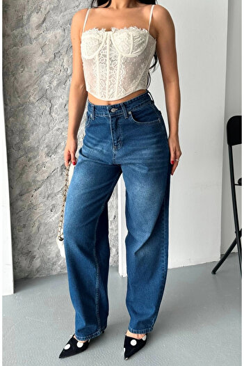 Işıltı kidss Baggy super stone mustache wash dark blue jeans pants d2007