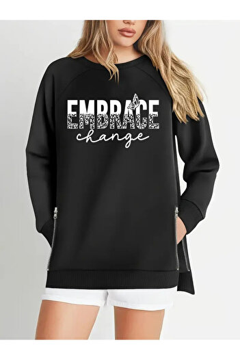 Curvy Trend Plus Size Embrace Change Printed Zipper Slit Detail Soft Flowy Fabric Raglan Sleeve Sweashirt