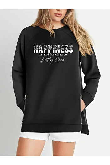 Curvy Trend Plus Size Happiness Printed Zipper Slit Detail Soft Flowy Fabric Raglan Sleeve Sweashirt