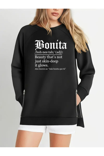 Curvy Trend Plus Size Bonita Printed Zipper Slit Detail Soft Flowy Fabric Raglan Sleeve Sweashirt