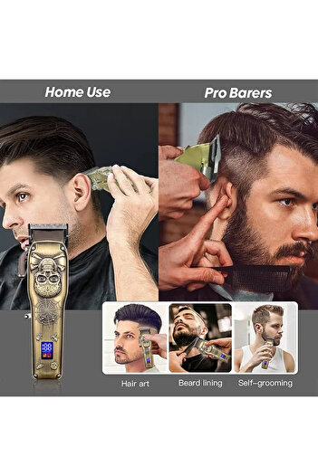 LOCK clipper with a skull design, emphasizing its use for both home and professional barbering.