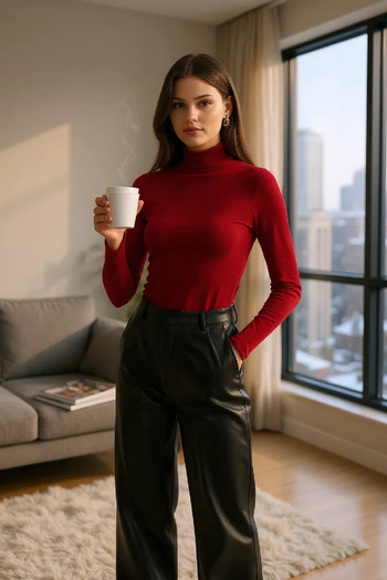 Imoda Women's Burgundy Finger Detailed Stretchy Long Sleeve Bodysuit