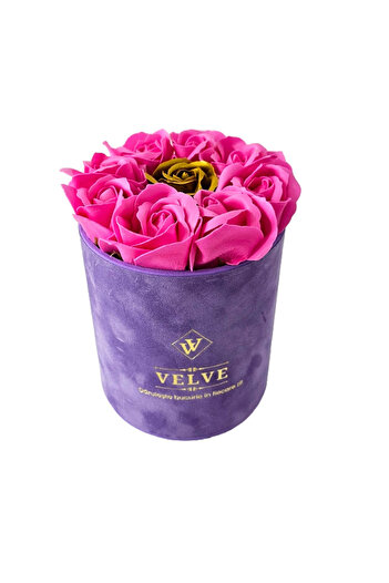 velve Velvet floral arrangement, with 9 soap roses, in purple velvet box, Fuchsia/Gold