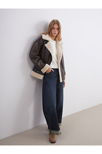 LC Waikiki Kahverengi Biker Yaka Oversize Kadın Süet Mont