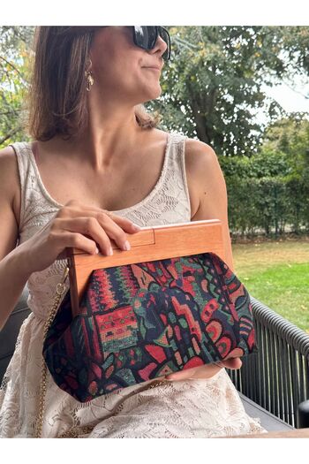 JOPHIEL Penalope Collection - Chain, Wooden Handle Fabric Bag, Clutch, Handbag, Purse