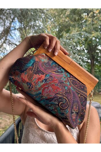 JOPHIEL Penalope Collection - Chain, Wooden Handle Fabric Bag, Clutch, Handbag, Purse