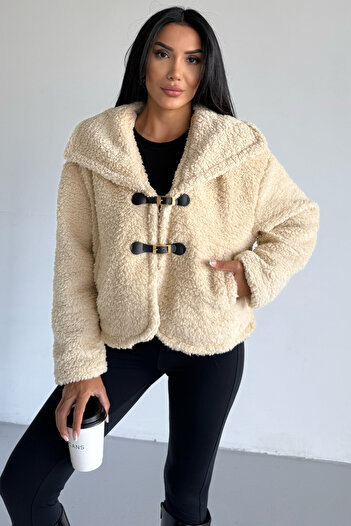 MissPul Plush Leather Buckled Wide Collar Coat Ks2502