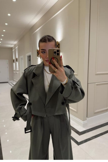 FMN Butik Cropped Fit, Sleeve Waist Belt Detail, Fabric, Tiny Line Detail Design, Similar to Pinterest, Short Trench Coat Jacket