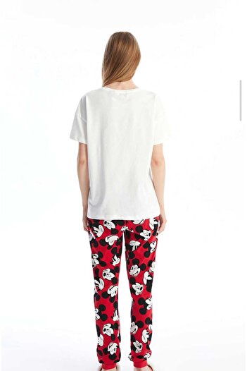 LC Waikiki LCW Young Kirmizi Bisiklet Yaka Mickey Mouse Baskılı Kısa Kollu Kadın Pijama Takımı