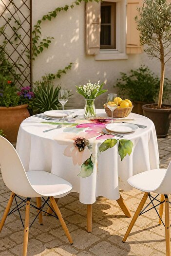 merland benvecocuk Round Pastel Floral Patterned Duck Fabric Tablecloth 150X150 cm