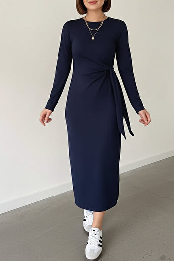 MILANOFOX Side Tie Long Sleeve Slit Navy Blue Modal Dress