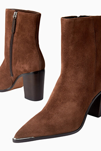 Schutz City Natural 85 Koyu Kahverengi Süet, Sivri Burun Lüks Blok Topuklu Ankle Bot
