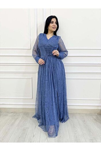 Opera Sky blue long lace dress with a tie waist and a soft design