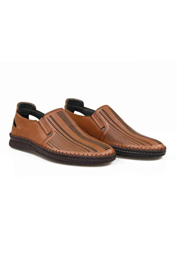 Piello Genuine leather loafers with cutouts and hand-stitched sole, Light brown