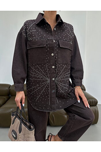 MİA NOURA Women's Denim Fabric Shirt with Stone Detail on the Front