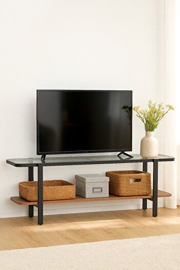MARIA HOMES Modern Brown Glass Top TV Stand with Storage Shelf – 160×40×50 cm