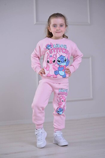 ARBİ kids Girl's Lilo Stitch Three-Thread Ribbed Double Suit Full Mold