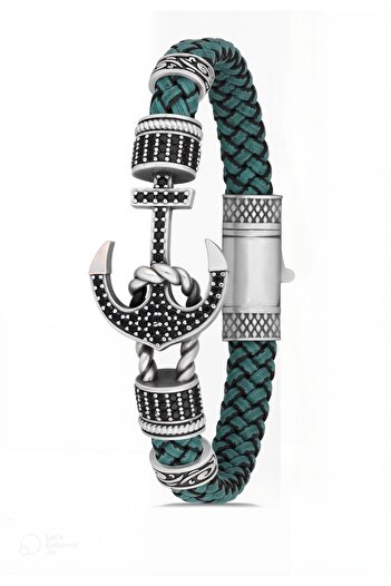 clawleather Men's Bracelet Genuine Leather Bracelet with Zircon Inlaid Anchor Figure