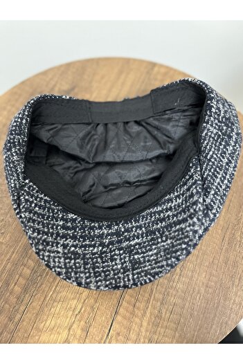 Butik Mavi Erkek Kışlık Kaşe Kumaş Desenli Arkası Lastikli Standart kasket Şapka (Newsboy Cap)