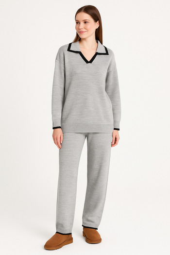 Alos Women's Gray V Polo Neck Knitwear Sweater and Pants Comfortable Fit Two-Piece Set