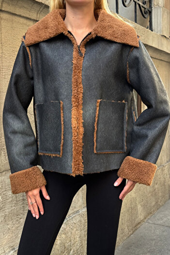 bacc Anthracite Double Pocket Biker Jacket with Faux Fur Inside