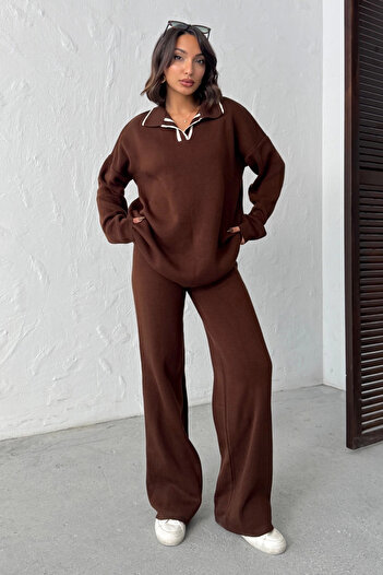 Lusin Women's Brown Polo Neck Sweater High Waist Pants Bottom Top Two-Piece Knitwear Set