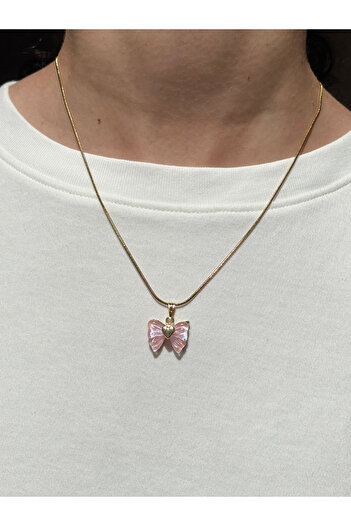Eylülün Takısı Women's Gold Color Pink Color Bow Necklace
