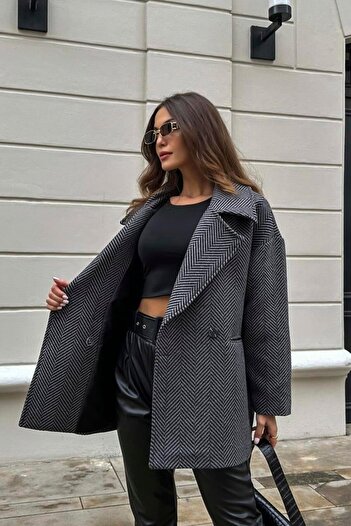 MATTİ MODA Kadın Balık Sırtı Oversize Gri Kısa Kaban
