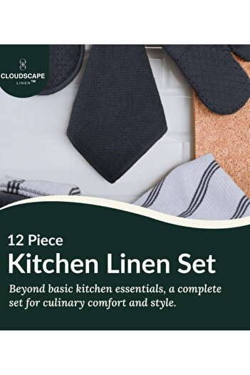 Cloud Scape Linen 12-Piece Kitchen Essentials Set – Absorbent Dishcloths & Kitchen Towels, Non-Slip Silicone Grip