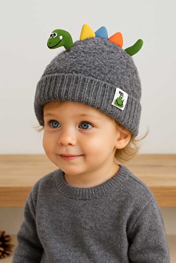 Baharda Nova Unisex Kışlık Pofuduk Bebek Çocuk Polar Astarlı Triko Şapka Bere